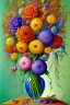 Placeholder: melted flowers in a glass vase, melted family pictures on the wall in the style of Salvador Dali's with green, blues, orange and purples, surrealism style