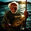 Placeholder: A picture of an elderly man who catches fish in the ocean, with sunlight showing the roughness of his skin.