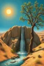 Placeholder: Hieronymus Bosch Style high quality picture waterfall in the desert sunny hot atmosphere dry tree