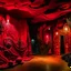 Placeholder: A dark reddish magenta underground cavern with lava designed in Maori sculptures painted by Stuart Davis