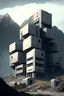 Placeholder: Settlement made up by sturdy prefabricated modern box buildings some multi storey, surrounded by concrete fortification, close to a metallic mountain range