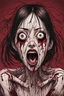 Placeholder: woman with 4 eyes, face distorted with pain, screaming, tears streaming from eyes, siting pose, fullbody, Junji Ito style, darkred tones,