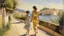 Placeholder: cote d'azur mother and child walking hand in hand from the back painting neoclassism 60