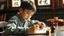 Placeholder: Young schoolboy writing Chinese characters using brush and ink, award-winning colour photograph, beautiful lighting, accurate Chinese script