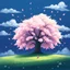 Placeholder: Anime fantasy landscape with a giant sakura tree centerpiece against dark blue sky. Soft art style with pastel colors. Cherry blossom petals floating in the air. Fluffy white clouds in background. Lush green grass field in foreground. Peaceful spring atmosphere with magical fantasy elements. Watercolor-like blending effects. Small cute chibi mascot characters playing in the grass. Art style combines gentle gradients and soft lighting typical of visual novel backgrounds.