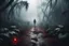 Placeholder: realistic scene surrealis horror homicide victiim on the path, jungle background, bold mist, fog, cinematic, dramatic lighting