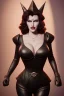 Placeholder: Rita Hayworth as evil queen in black leather, busty, cleavage, curvy, angry, stern look. character design by cory loftis, fenghua zhong, ryohei hase, ismail inceoglu and ruan jia. unreal engine 5, artistic lighting, highly detailed, photorealistic, fantasy