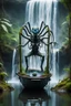 Placeholder: action figure of a crucified alien spider electric eel necromancer on round swamp transparent glass obcidian boat beholder eye wheel throne in a charged foggy jungle waterfall