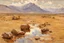 Placeholder: Arid land, clouds, mountains, rocks, puddle, vegetation, theodore robinson impressionism painting