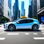 Placeholder: future modern self driving taxi's in modern city flying vehicles 2045