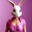 Placeholder: rabbit mask, Asian woman, leaning pose, pink short hair, latex suit, highly detailed,