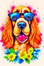 Placeholder: A detailed illustration of a happy Cocker Spaniel dog face, wearing trendy sunglasses, t-shirt design, flowers splash, t-shirt design, in the style of Studio Ghibli, pastel tetradic colors, 3D vector art, light background, cute and quirky, fantasy art, watercolor effect, bokeh, Adobe Illustrator, hand-drawn, digital painting, low-poly, soft lighting, bird's-eye view, isometric style, retro aesthetic, focused on the character, 4K resolution, photorealistic rendering, using Cinema 4D