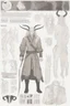 Placeholder: A dnd character sheet, a tiefling man with long hair and long black horns, white eyes and pale skin. Handsome.