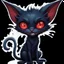 Placeholder: cartoon art from whimsical weird dark blue vampire cat with big head with crepy red eyes, big smile with sharp teeth, messy body hair, thin little body big paws sitting and looking devilishly, surreal crepy cute style , anime, comics, blur transparent background