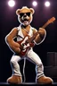 Placeholder: Brown Fuzzy Teddy bear looks like Freddie Mercury on stage singing dressed in tight white jeans and white sleeveless t-shirt and shades, hyperreal, comic concept art.