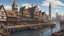 Placeholder: gothic medieval wooden harbour with piers and ships, people, shops, bridges, arches, balconies, taverns, blue sky, photorealistic