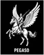 Placeholder: A detailed and macabre illustration of the winged pegasus horse flying, with the jaw and chest bones clearly visible. On the pegasus horse there is a man rider with all his body bones clearly visible, the man rider carries a large AK 47 rifle on his back. The background of the image is black. Below the text "PEGASO".