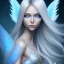 Placeholder:  beautiful, soft, big smiling face, blue and brilliant atmosphere, long straight blond hair, big fairies transparent wings in the back