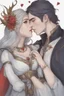 Placeholder: A couple from the dnd game curse of Strahd kissing. She has white hair he has long black hair. Romantic, sweet, loving, possessive, protective, kiss