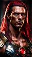 Placeholder: portrait of a 35 year old Handsome muscular mercenary with light bronze skin and long hair his temples are adorned with rubies. dark science fiction. photorealistic