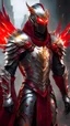 Placeholder: silver and gold armor with glowing red eyes, and a ghostly red flowing cape, crimson trim flows throughout the armor, the helmet is fully covering the face, black and red spikes erupt from the shoulder pads, crimson and gold angel like wings are erupting from the back, crimson hair coming out the helmet, spikes erupting from the shoulder pads and gauntlets