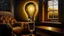 Placeholder: A hyper-realistic oil painting of a light bulb casting a warm glow in a dark room, reflecting off a cornfield outside the window, all set against a backdrop of luxurious leather furniture