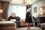 Placeholder: very beautiful lady with beautiful midi skirt and blouse standing in a luxury bedroom with high heels next to makeup desk looking to camera
