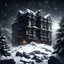 Placeholder: Hyper Realistic Dark haunted hotel with broken window glass & doors on the top of a mountain at heavy snowfall night