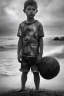 Placeholder: desaturated oil painting of boy on beach, old clothes, dark storm clouds overhead, gloomy, bleak, little fires