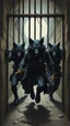 Placeholder: Bosch painting style , three black wolfs men destroyed the prison bars and gate and escaped run free