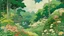 Placeholder: An illustration by Miyazaki and Monet of a landscape of blooming flowers and lush vegetation.