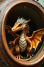 Placeholder: The image depicts a fantastical creature, specifically a dragon, with a unique and whimsical appearance. The dragon is positioned in a circular frame, which suggests it might be inside a container or a vessel. The dragon's body is elongated and has a segmented appearance, with a detailed texture that gives it a realistic look. Its head is covered with white, spiky hair, adding to its fantastical charm. The dragon's wings are large and spread out, with orange and white hues. Dr photo dragon.