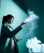 Placeholder: Ultra Realistic image, photo studio, medium shot view, a woman making the fuck off gesture with his hand, blue smoke coming out of his nose and mouth, happy. Latex inflatable coat, soft color, highly detailed, unreal engine 5, ray tracing, RTX, lumen lighting, ultra detail, volumetric lighting, finely drawn, high definition, high resolution.