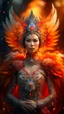 Placeholder: half body wide angle RAW photo, fire queen queen wearing luxurious and ornate clothing, fully covered, opals and floral embellishments, fractal wing texture, winter landscape in the background, beautiful women indonesia face, high detailed skin, phoenix, fire, 8k uhd, dslr, soft lighting, high quality, film grain