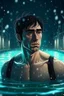 Placeholder: hyper realistic extremely shirtless handsome short black hair men in a swimming pool at snowfall night