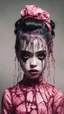 Placeholder: full color, illustration of a darkred and pink tones, menacing, Singer Melanie Martinez face, as a decayed, broken, skin turned translucent, black veins that extended like roots beneath her skin, latex suit, crude homemade cloth doll toy, with a narrow cracked porcelain face, thick dark eyebrows, hair in two gradually, made from ragged strips of cloth, in the style of Alex Pardee, Tim Burton, and Nadya Sheremet