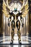 Placeholder: Full body Excellent pose style Facing front Photography a man as Angel king Cyborg dressing armor warframe Mecha Robo Golden and palace background