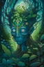 Placeholder: Ultra detailed illustration of a humanoid plant lost in a magical forest, skin made of tree bark, green sclera, hair is vines, shiny, bioluminescent flora, flowers around hair, incredibly detailed, pastel colors, hand painted strokes, visible strokes, oil painting, Mschiffer art, night, bioluminescence, earrings in the ears with bunches of grapes