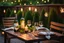 Placeholder: in the nice garden Cozy outdoor dining scene, on the table are lit candles, a bottle wine with two wineglasses, warm and inviting ambiance. in the distance plants, flowers, trees, summer night, high detailed, masterpiece