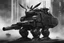 Placeholder: Rabbit mecha. It is black and very tank-like. Photograph.