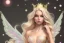 Placeholder: smiling, beautiful, soft,smiling, straight and long blonde hair, dewy and shiny atmosphere, diamond crown, long fairy wings in the back, full head, curly hair, golden veil clothes, bacground pink and blue