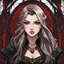 Placeholder: Icon or avatar. An arrogant looking young woman with pale skin and long brown hair in a stormy dark fantasy setting with intricate details. She is smirking, wearing black and read leather, has red eyes, an air of malevolent power surrounds her. Anime style. High definition.