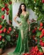 Placeholder: 📷🍓💃 length image full body sweet pose pretty woman wearing a beautiful high details natural beuty color unique gown costume made of elements varieties strawberries fruits.full background green leaves and variaties roses,orchids flowers background