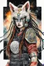 Placeholder: front facing watercolor portrait illustration of a gothpunk armored female kitsune vampire mercenary , beaded dreadlock hair, wearing an ancient ornate japanese kitsune mask , and shemagh, highly detailed with gritty post apocalyptic textures, caught in a cosmic maelstrom of swirling gases , finely detailed facial features and hair, in the graphic novel style of Bill Sienkiewicz, and Jean Giraud Moebius, ink wash and watercolor with realistic light and shadow