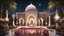 Placeholder: Hyper Realistic people praying outside Beautiful-Decorated-Huge-White-Brick-Mosque with maroon-marble-flooring & Beautiful-Garland-Light-&-Decorations surrounded by a beautiful garden-&-Water-Fountain at beautiful dark night with stars on sky