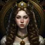 Placeholder: hyper realistic queen woman with black eyes, white skin, long curly brown hair from the front, inside a circle, epic royal background, big royal uncropped crown, royal jewelry