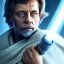 Placeholder: upper body photorealistic jedi mark hamill in Star Wars, sharp blue eyes, photorealistic weathered skin, jedi robe, cinematic lighting, intricate