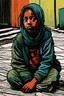 Placeholder: create an abstract, deeply powerful tragic, heart wrenching, and evocative, full body color woodcut of a homeless and hungry young Muslim refugee girl with highly detailed and deeply cut facial features, lost in a horrific post apocalyptic Gaza, in the style of KATHE KOLLWITZ and PAUL GAUGUIN, searing lines and forceful strokes