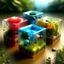 Placeholder: Create a 3D image featuring three separate transparent glass dice, each with a unique and magical scene inside. The first dice contains a miniature lush garden, full of vibrant flowers and miniature creatures. The second dice encases a small ocean scene with colorful coral reefs and tiny marine life. The third dice holds a tiny desert landscape, complete with miniature sand dunes and an oasis. The dice should be set against a simple, elegant background that highlights the magical worlds containe