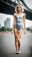 Placeholder: beautiful anorexic young woman, total shot, silver triathlon swimsuit, short blond wavy bob hair, blurred city background